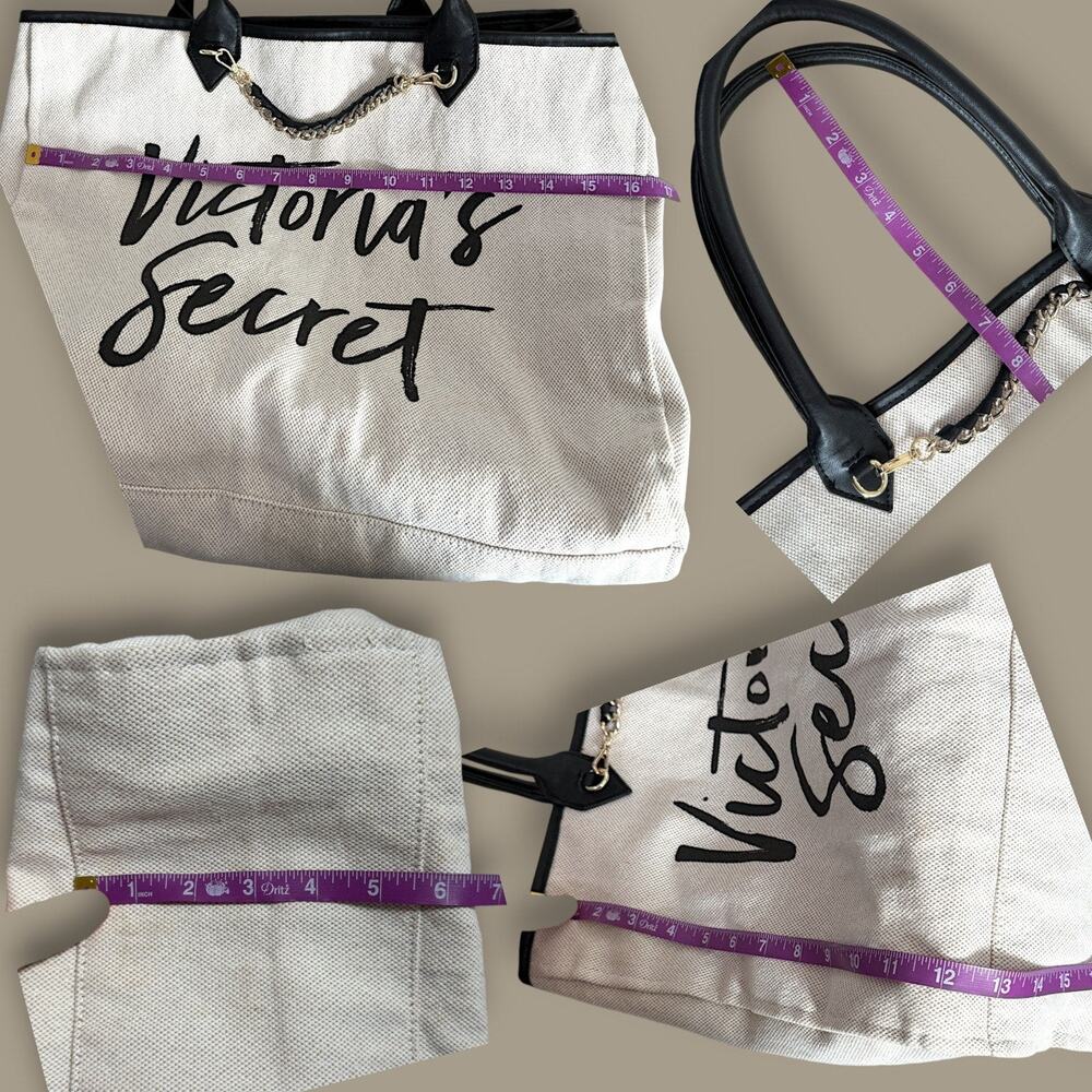 Victoria's Secret 2017 Beige Canvas Tote | Script Logo & Chain - Picture 5 of 7